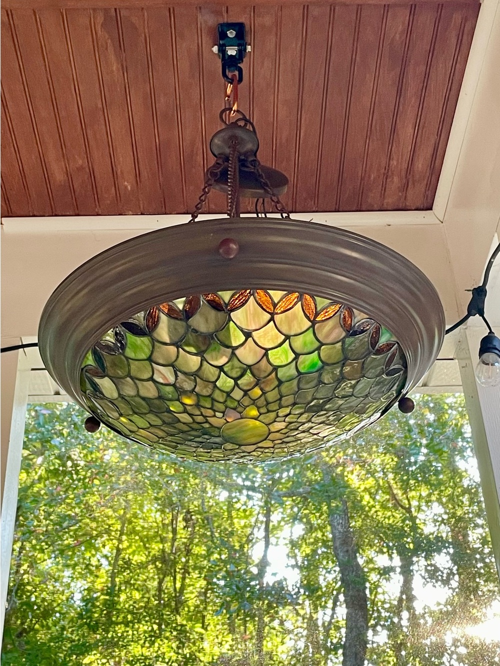 Vintage Tiffany Style Stained Glass Fish Scale Dome Shade 16” + Bonus Fixture